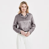 Elegant Womens Pearl Buckle Silk Blouse Silk Long Sleeves Shirt