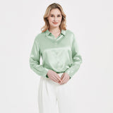 Elegant Womens Pearl Buckle Silk Blouse Silk Long Sleeves Shirt