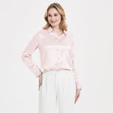 Elegant Womens Pearl Buckle Silk Blouse Silk Long Sleeves Shirt