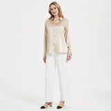 Elegant Womens Pearl Buckle Silk Blouse Silk Long Sleeves Shirt