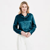 Elegant Womens Pearl Buckle Silk Blouse Silk Long Sleeves Shirt