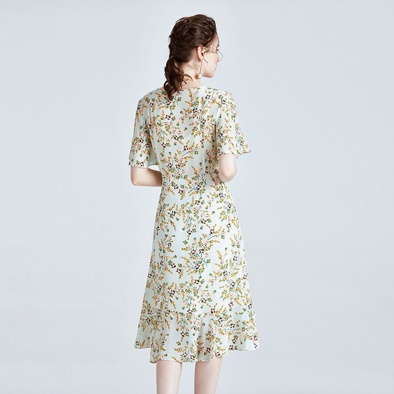 Floral pure silk Dress For womens Short Sleeve Summer Party Silk Dress