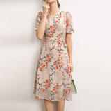 Floral pure Silk Midi Dress Guest Party Silk Dresses