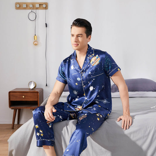 Short Sleeved Silk Pajama Set For Mens Print Luxury Best Silk Loungewear - slipintosoft