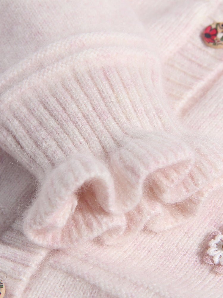 Girls Cashmere Cardigan Embroidered Mouse Floral Accents Cashmere Sweater