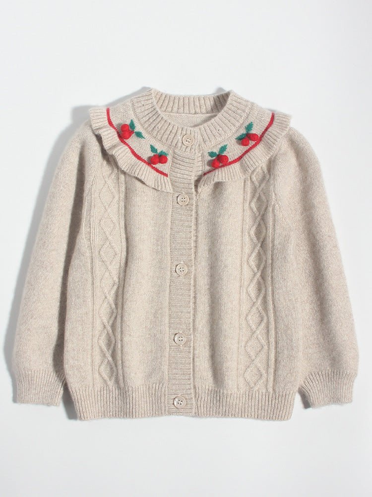 Girls Cashmere Cardigan Ruffled Cherry Embroidered Neck Cashmere Sweater