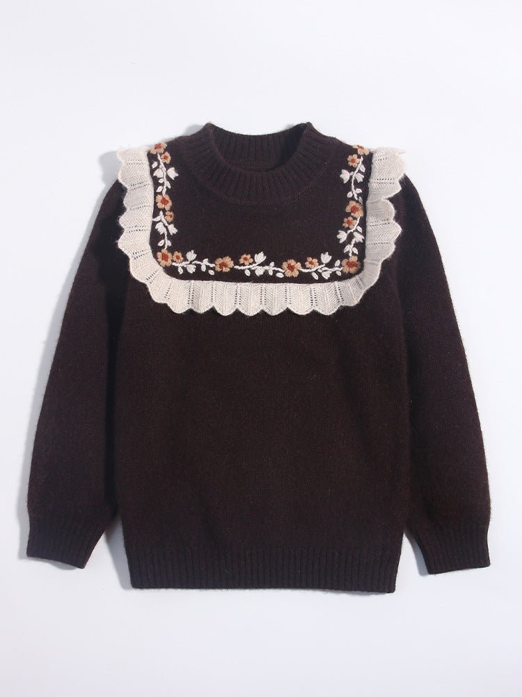 Girls Cashmere Sweater Floral Embroidery Lace Trim Kids Cashmere Pullover