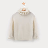 Girls Ruffle Neck Cashmere Sweater Ribbed Knit Pullover Flared Cuffs