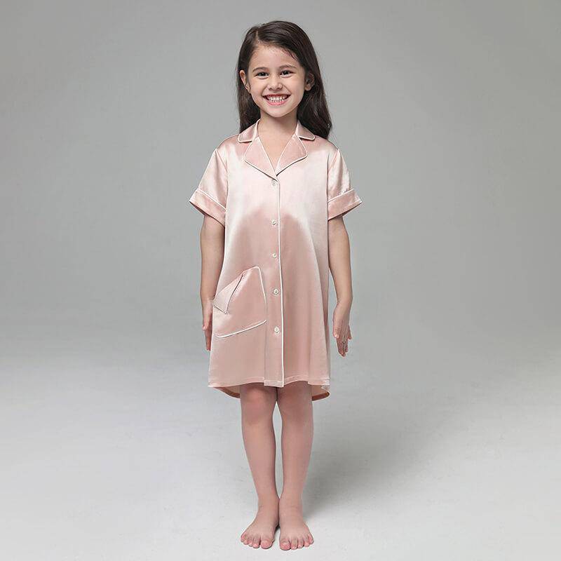 19 Momme Kid's Silk Nightshirt Girls Fashion Sleep Shirt with Pocket White Piping -  slipintosoft