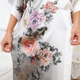 Grey and White Ombre Luxury Women's Colorful Flowers Print Long 100% Mulberry Silk Kimono Robe