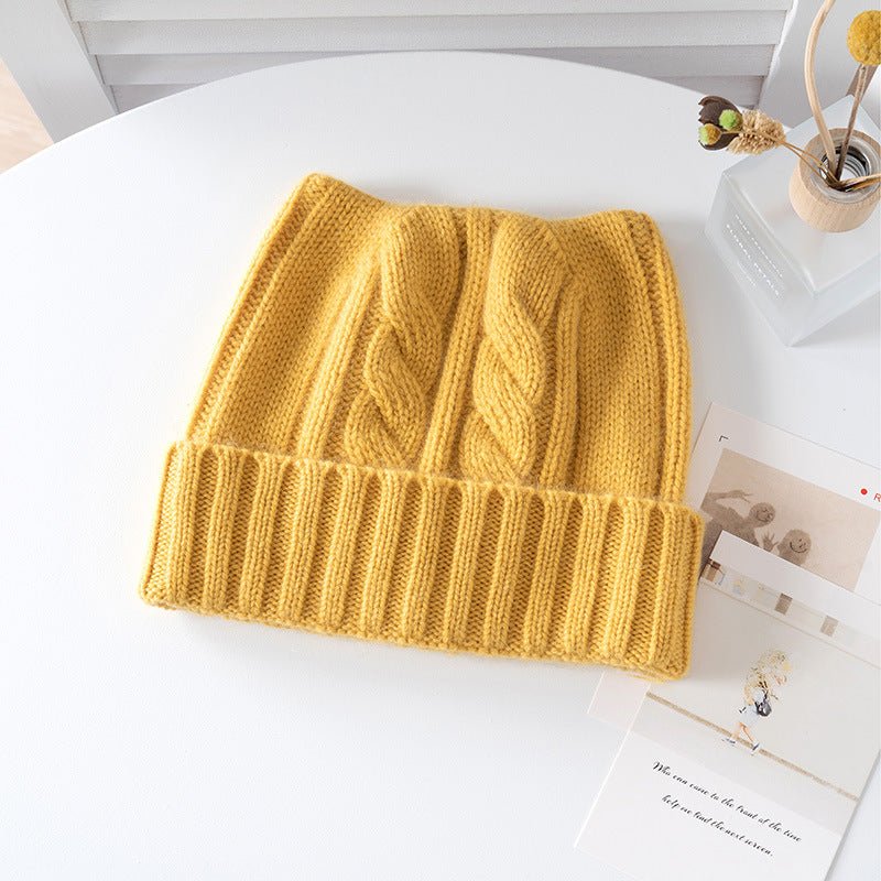 Kids Cable Knit Cashmere Beanie Ribbing Hem Cashmere Hat for Boys and Girls