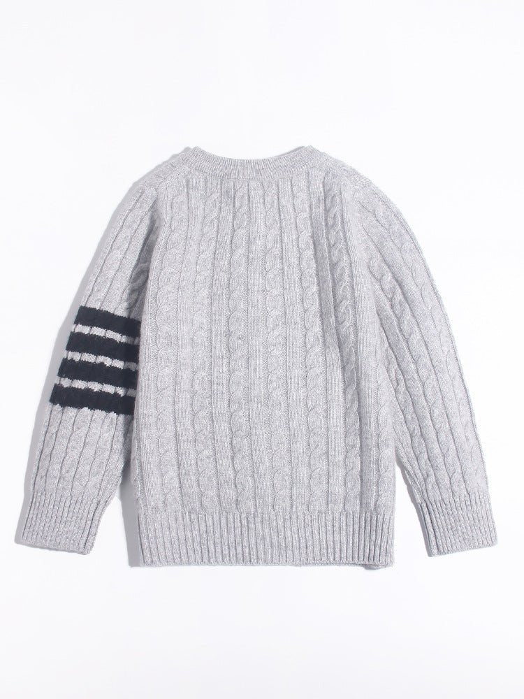 Kids Cable Knit Cashmere Cardigan Stripe Sleeve Cashmere Sweater Ribbing Hem