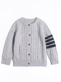 Kids Cable Knit Cashmere Cardigan Stripe Sleeve Cashmere Sweater Ribbing Hem