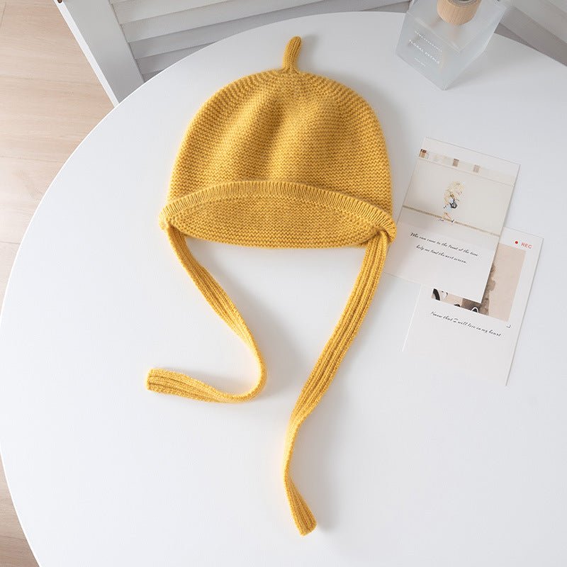Kids Cashmere Hat with Ties Toddler Cashmere Bonnet Hat Roll Brim