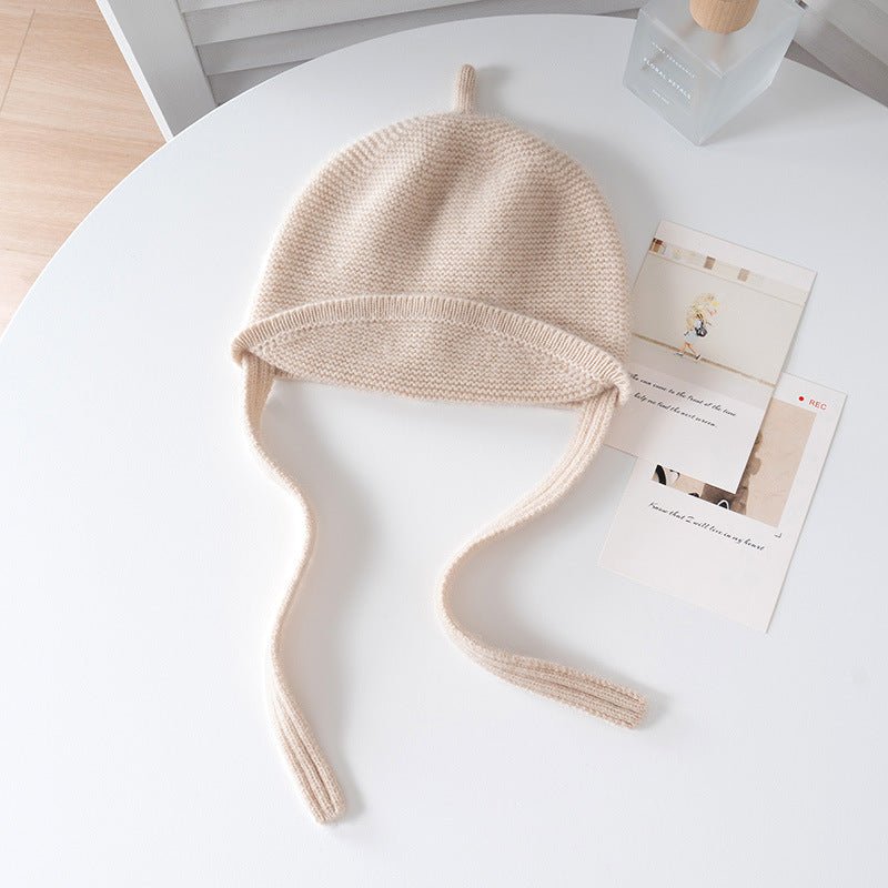 Kids Cashmere Hat with Ties Toddler Cashmere Bonnet Hat Roll Brim