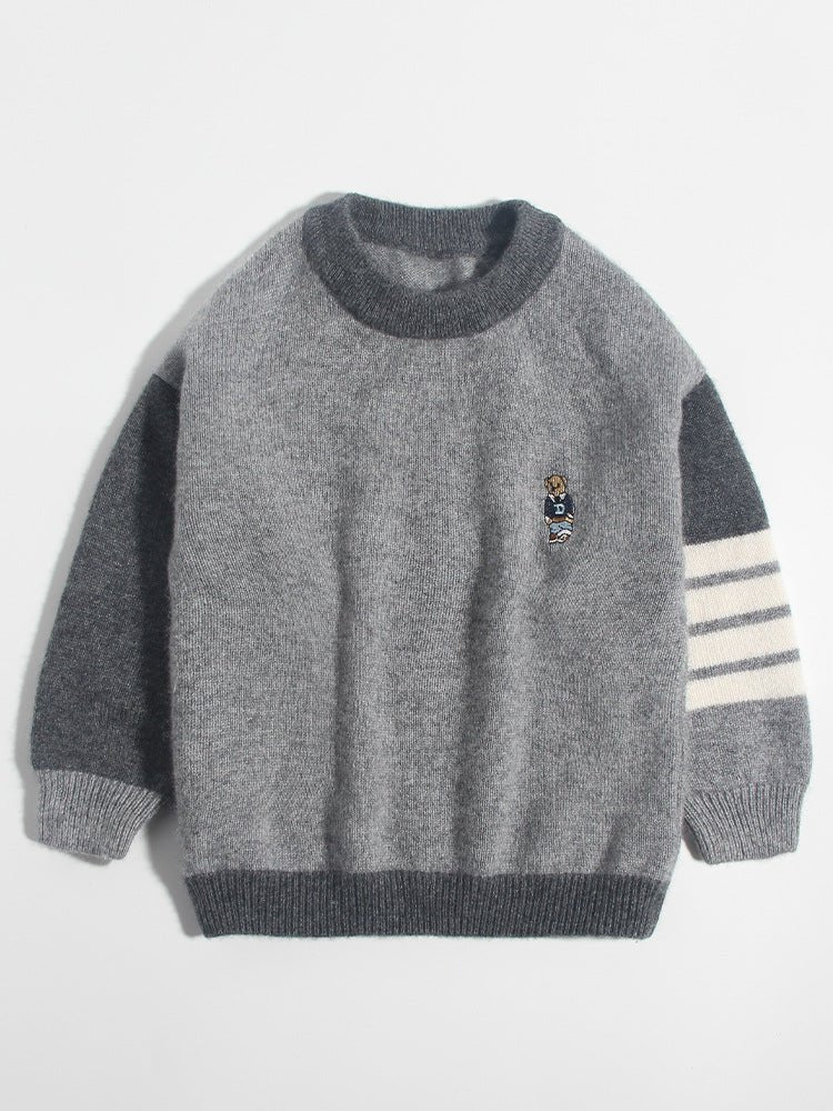 Kids Cashmere Sweater Striped Sleeve Bear Embroidery Cashmere Pullover