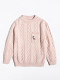Kids Chunky Cable Knit Cashmere Sweater with Pocket Deer Embroidery Cashmere Pullover