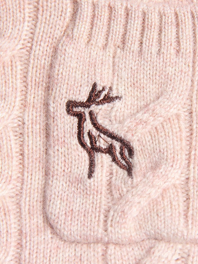 Kids Chunky Cable Knit Cashmere Sweater with Pocket Deer Embroidery Cashmere Pullover