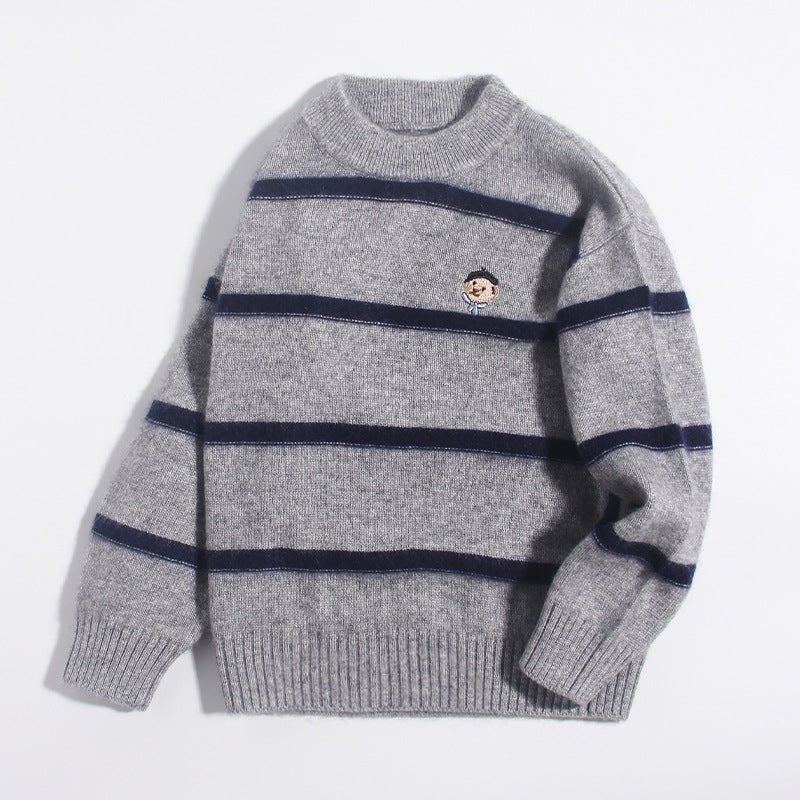 Kids Crew Neck Cashmere Sweater Stripes Cartoon Patch Cashmere Pullover