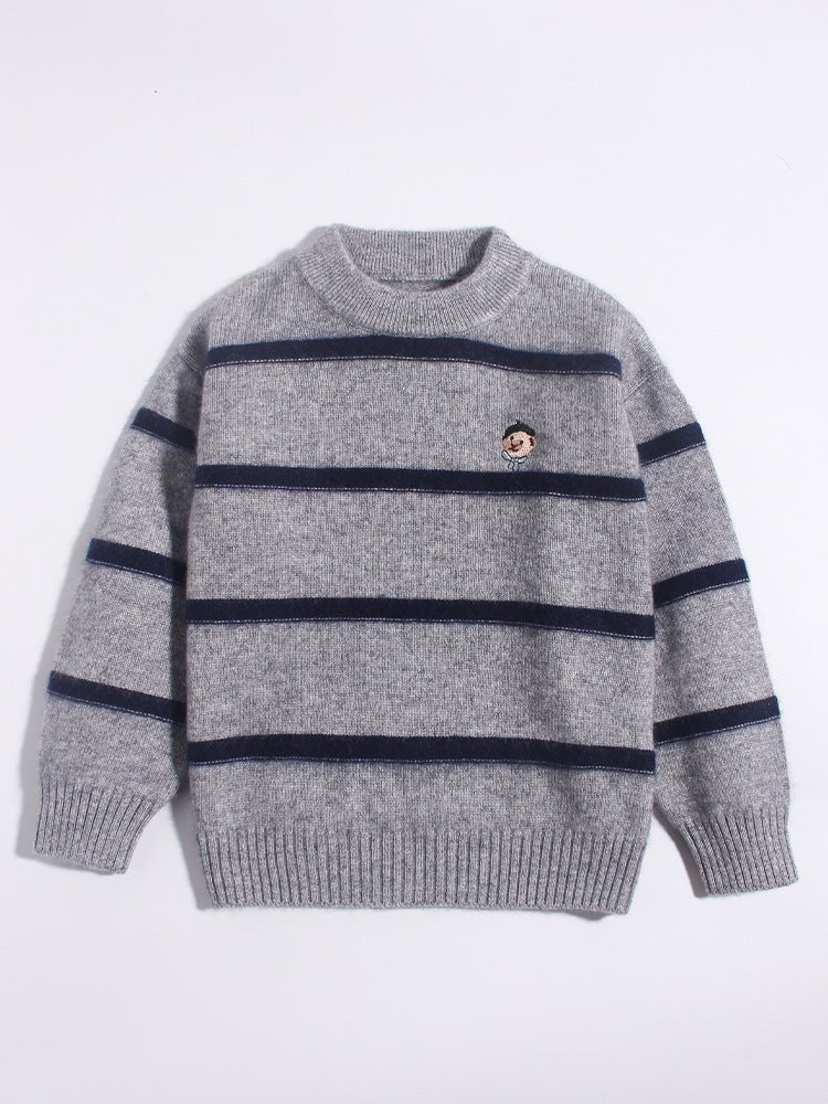 Kids Crew Neck Cashmere Sweater Stripes Cartoon Patch Cashmere Pullover
