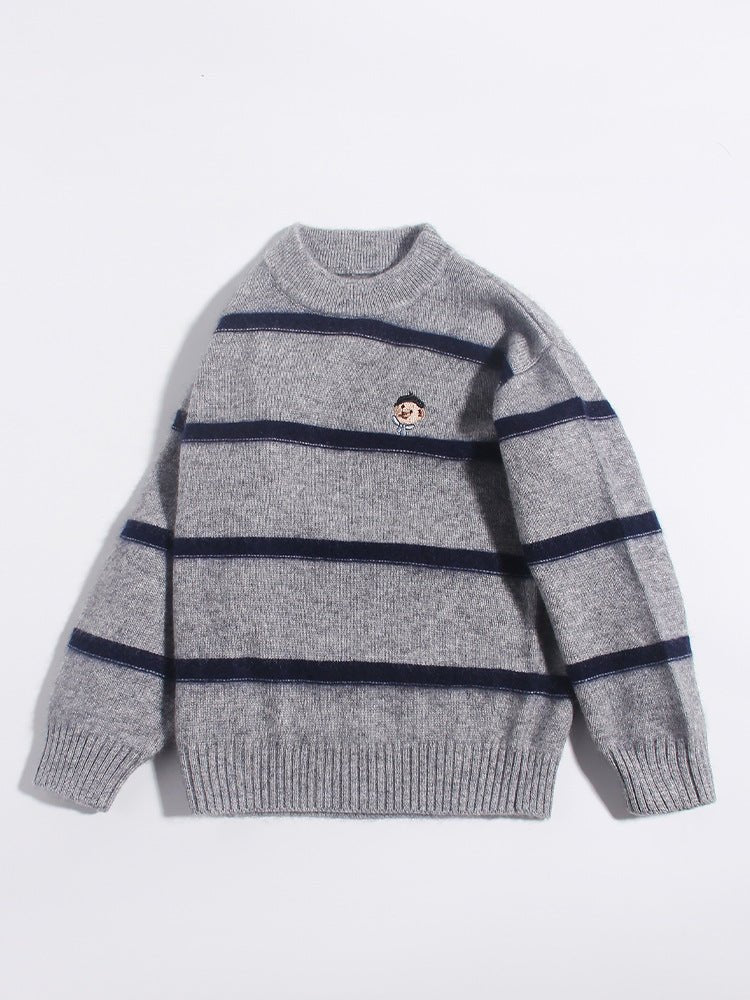 Kids Crew Neck Cashmere Sweater Stripes Cartoon Patch Cashmere Pullover