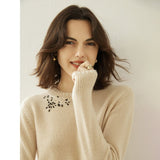 Ladies Crew Neck Cashmere Sweater Long Sleeve Embroidery Petal Cashmere Tops Wool Cashmere Sweater