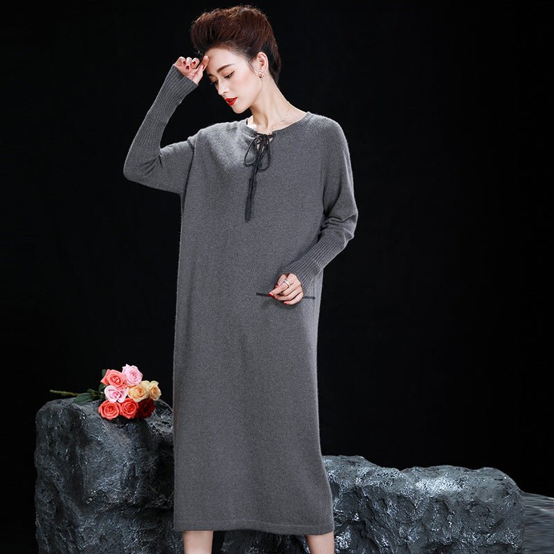 Ladies Crew Neck Cashmere with Tie Dresses Tea Length Cashmere Sweater Dress Women Cashmere Dress