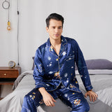 Long Silk Pajama Set for Men Luxury Print Comfortable Silk Nightwear - slipintosoft