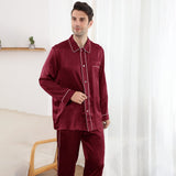 Long Sleeved Two Piece Silk Pajamas Set for Men With Trimming