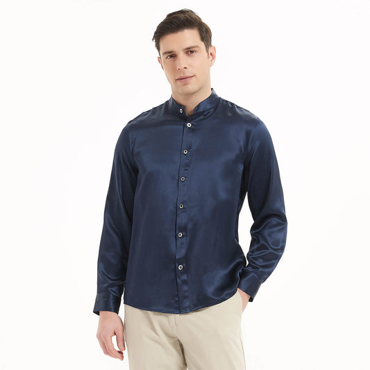 Luxury Silk Shirt For Men Collarless Long Sleeve Silk Tops