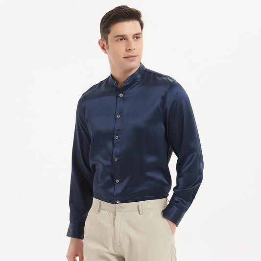 Luxury Silk Shirt For Men Collarless Long Sleeve Silk Tops