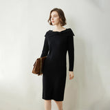 Womens Cashmere Dresses Bow Neck Cashmere Sheath Dress Slim Fit Holiday Party