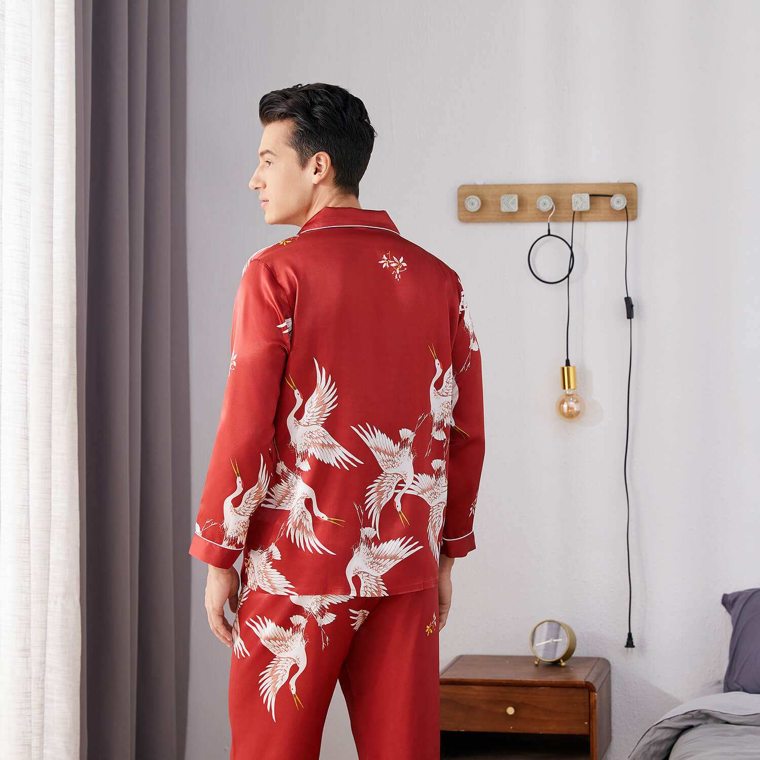 Print long Silk Pajamas Set For Men Classic ButtonDown Silk Sleepwear - slipintosoft