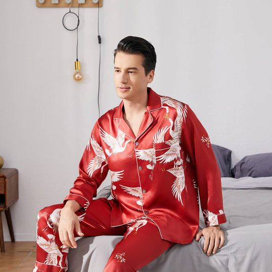 Print long Silk Pajamas Set For Men Classic ButtonDown Silk Sleepwear - slipintosoft