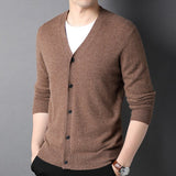 Mens V Neck Button - Up Pure Cashmere Cardigan Long Sleeve Ribbed Hem Knitted Coat