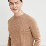 Mens Cable Knitted Cashmere Sweater Casual Long Sleeve Crew Neck Cashmere Pullover - slipintosoft