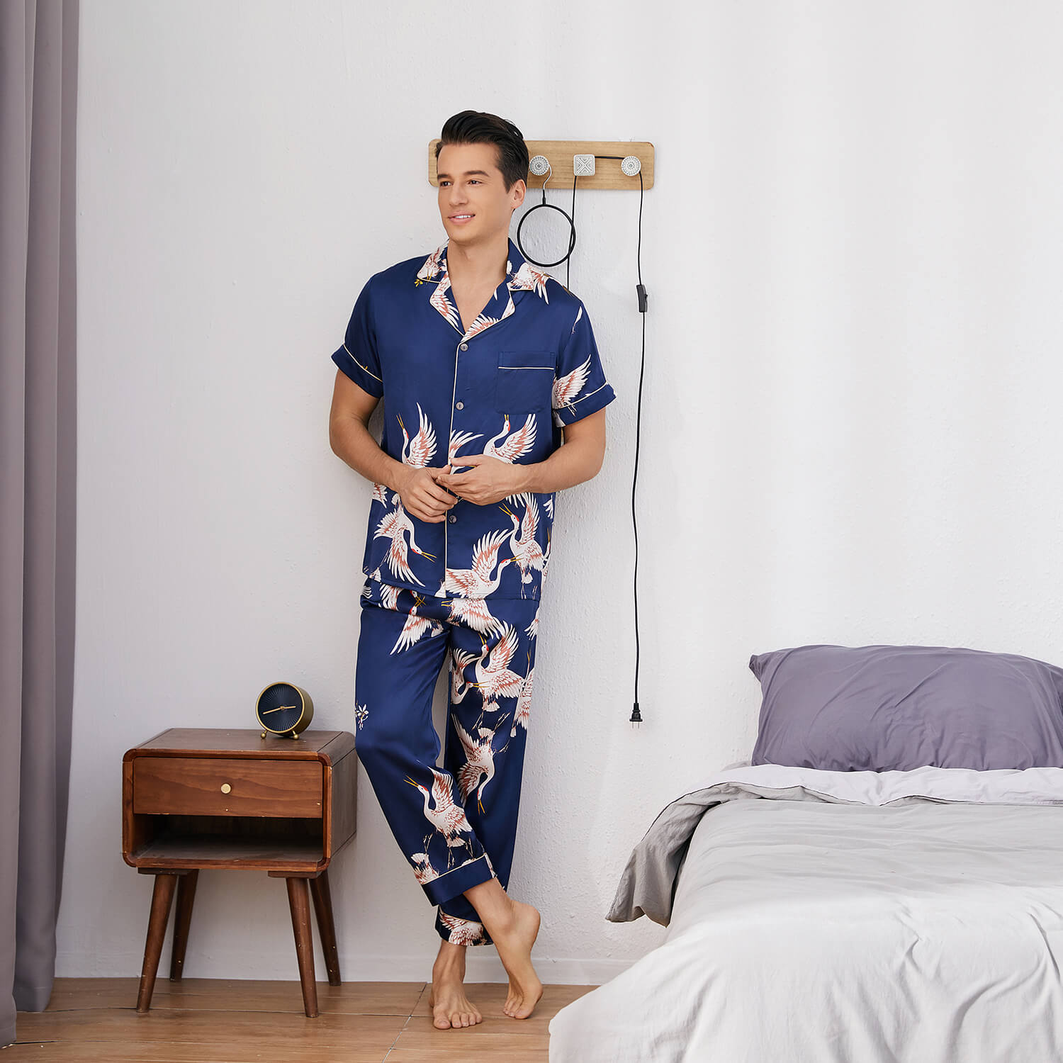 Men‘s Silk Pajama Set Button Down Short Sleeve Print Silk Sleepwear with Long Pants - slipintosoft