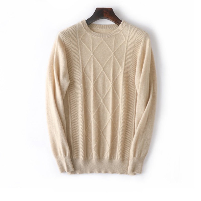 Mens Diamond Knit Pure Cashmere Sweater Crew Neck Tops Ribbed Hem