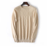 Mens Diamond Knit Pure Cashmere Sweater Crew Neck Tops Ribbed Hem