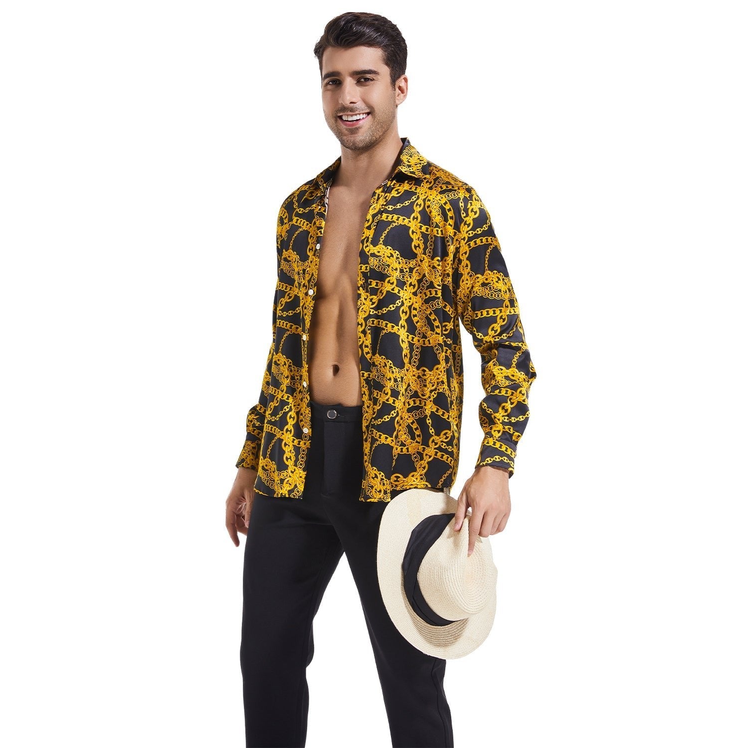 Men's Luxury Gold Chains Print Button Down Long Sleeve Silk Dress Shirt - slipintosoft