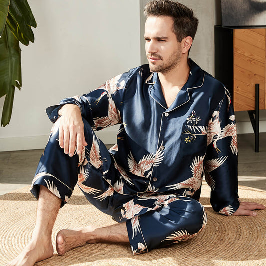 Men's Luxury Silk Pajamas Set for Men Long Sleeve Print Silk Sleepwear loungewear - slipintosoft