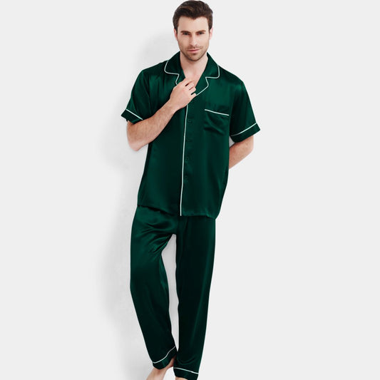 Men's Luxury Silk Pajamas Set Short Sleeve Long pants Nightwear