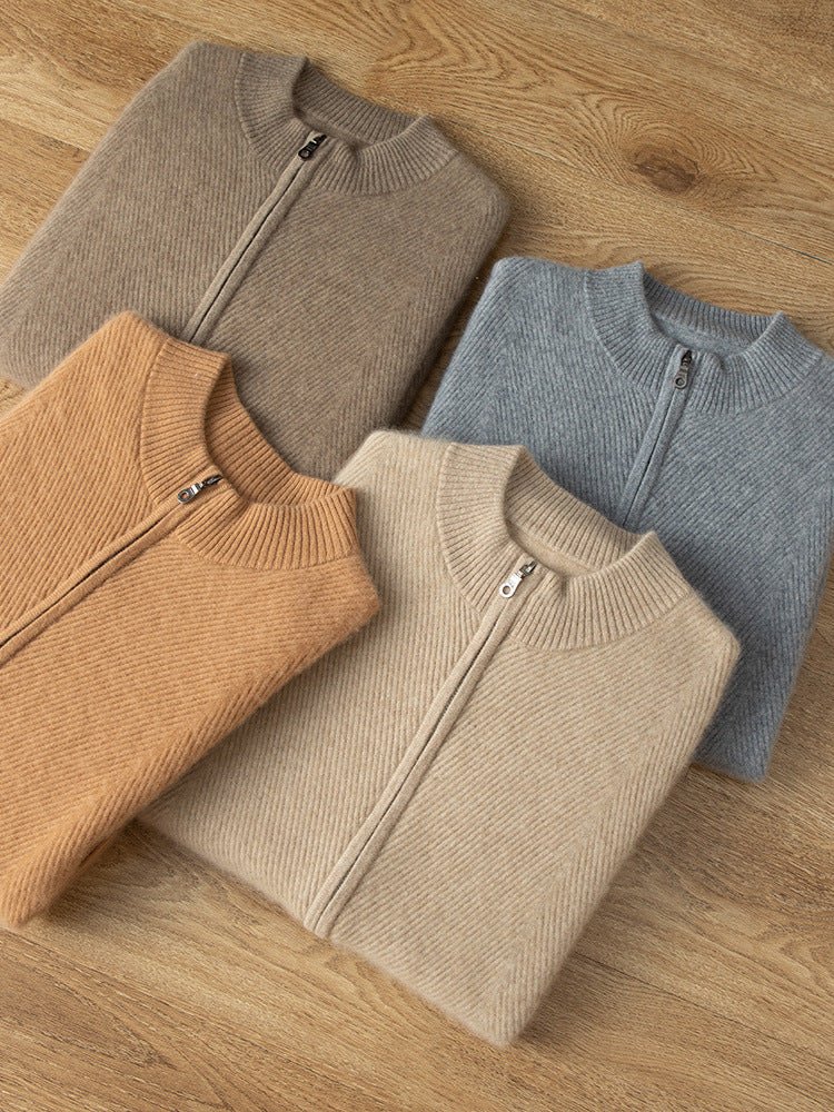 Mens Ribbed Cashmere Zip - Up Sweater Stand Collar Long Sleeve Knit Sweater Coat