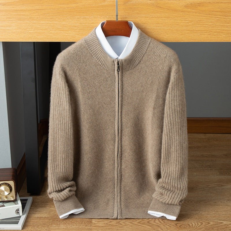 Mens Ribbed Cashmere Zip - Up Sweater Stand Collar Long Sleeve Knit Sweater Coat