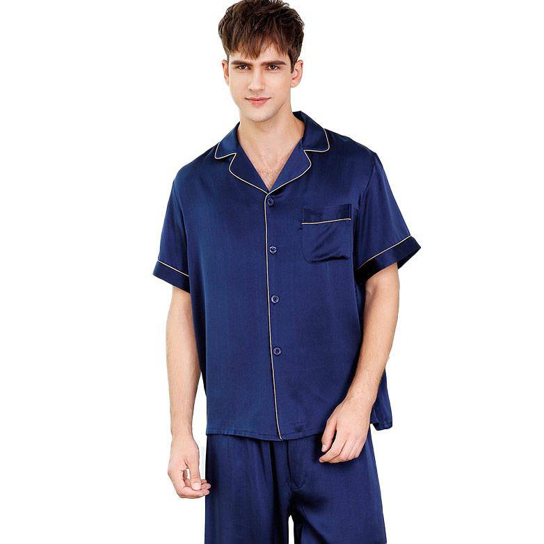 Navy blue Men s Short Sleeve Silk Pajamas Set 100 Mulberry silk Sleepwear