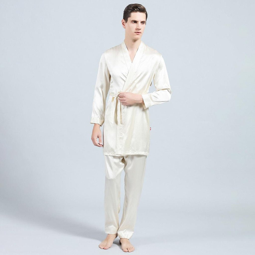 22MM Long Sleeves Mens Silk Pajamas Set 2 Piece Robe & Pant Set 100% Mulberry Silk PJS