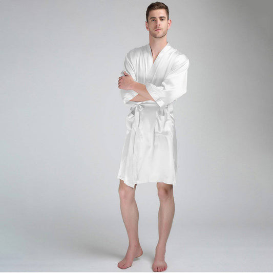 Short Men's Silk Robe Luxury Pure Silk Kimono Robe with Pockets Big and Tall Size -  slipintosoft