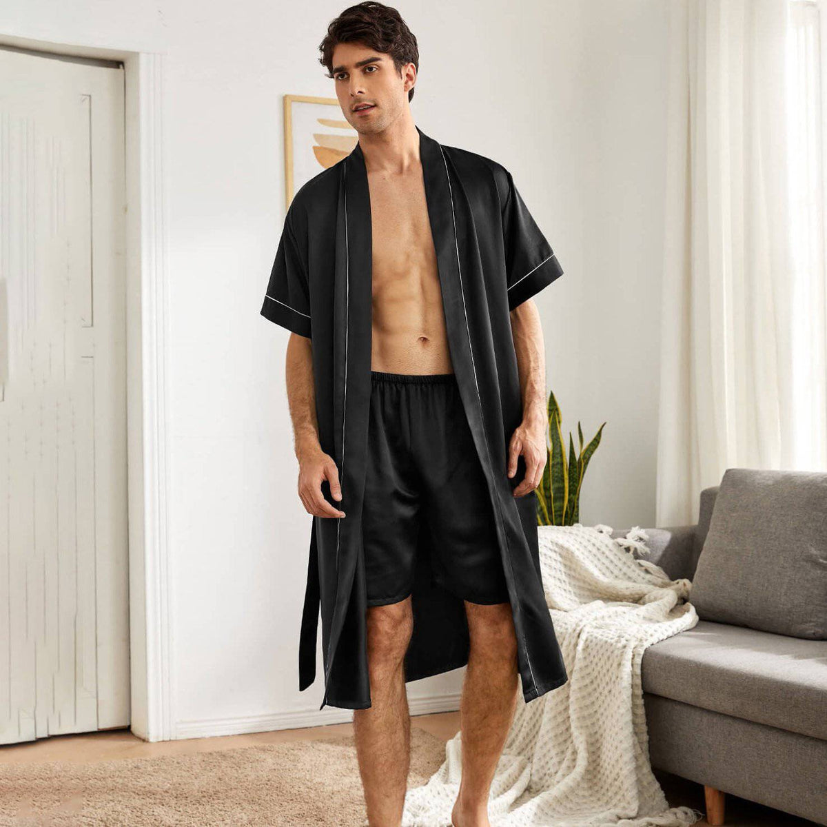 Men's Short Silk Robe Set Two Pieces Silk bathrobe Silk Kimono Robe Set with Shorts -  slipintosoft