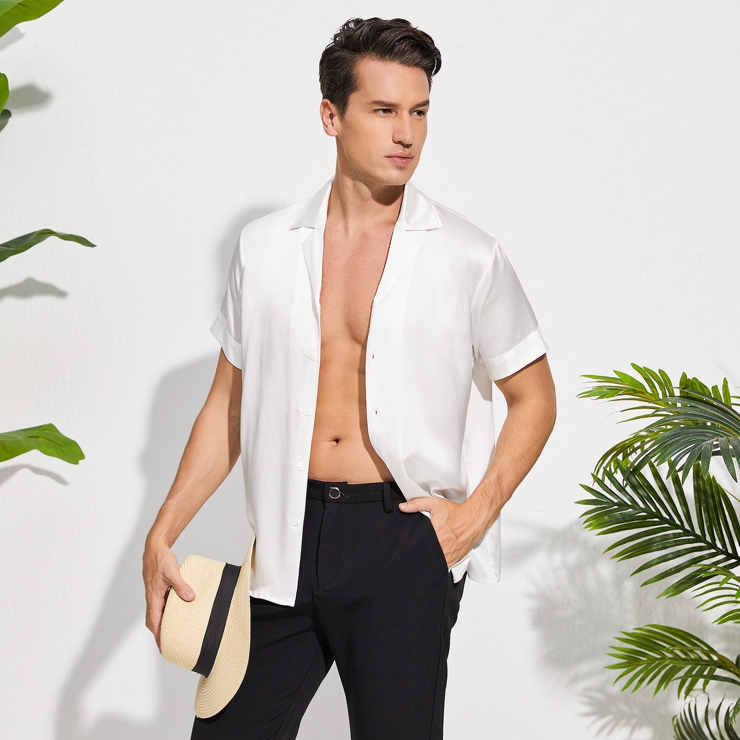 Men's Silk T-Shirt Casual Short Sleeve Silk Beach Shirt