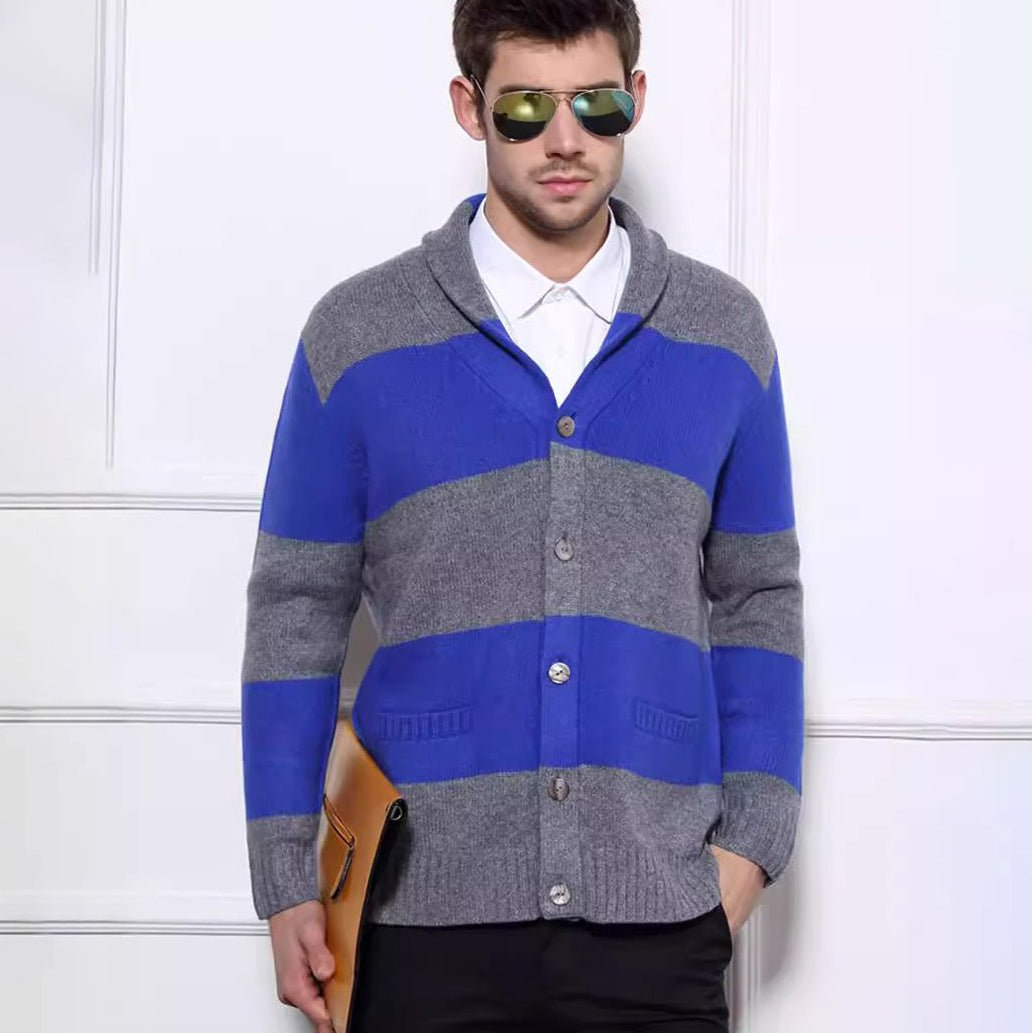 Mens Striped Shawl Collar Cashmere Cardigan Button - Front Long Sleeve Coat